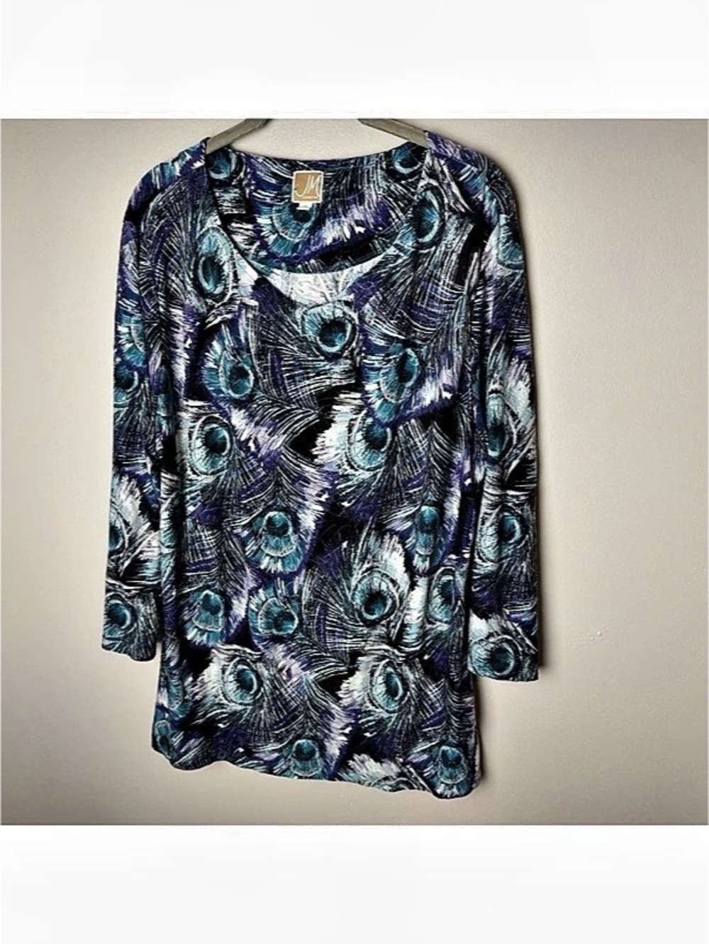 JM Collection Tunic Top Size XL Peacock Feather Print Teal Purple Black Stretch
